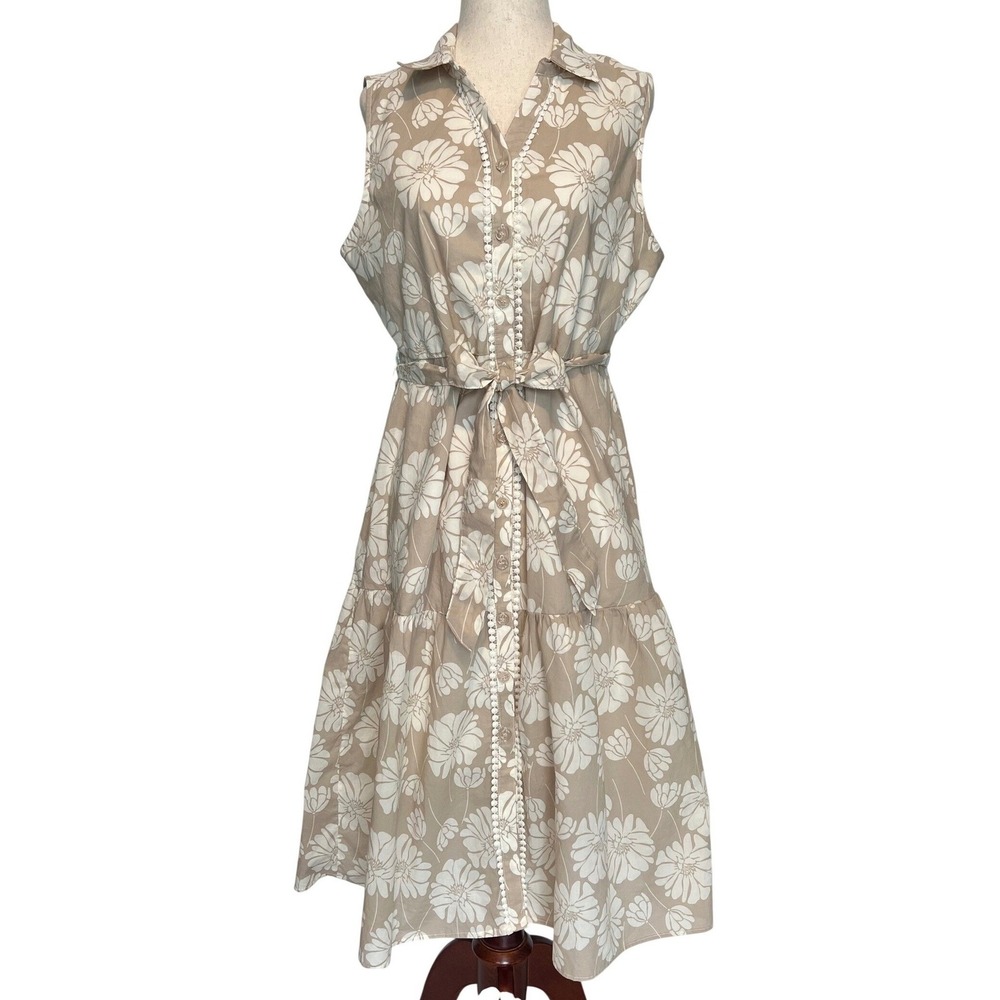 Chloe + Jasmine Women's M Midi Button Front Shirtdress Tan Floral Cottage Modest